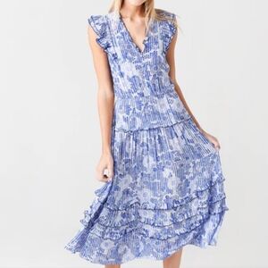 Poupette St Barth Blue Begonia Paulina V Neck Midi Dress Medium NEW WITH TAGS